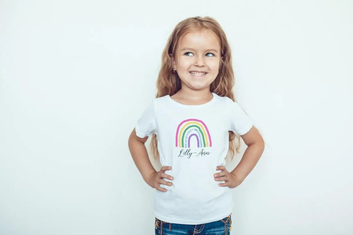 Personalised Rainbow Kids T-shirt, Kids Custom Rainbow Name Top, Lockdown Personalised Children's T-shirt, Customised Kid's Tee, Rainbow Top - Amy Lucy