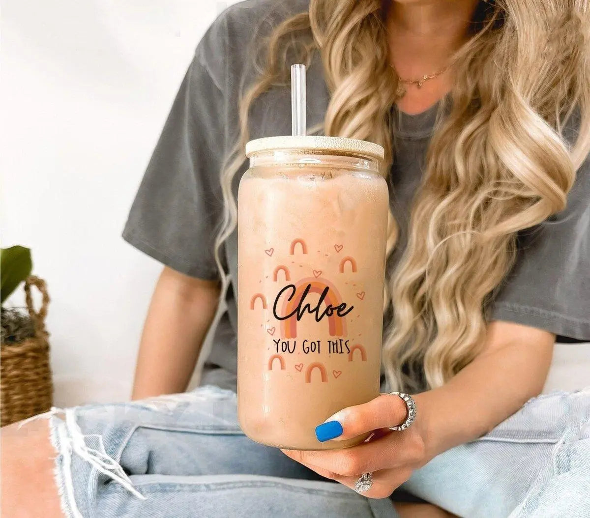 Personalised Rainbow Mug, Coffee Cup, Glass Mug, Glass Tumbler, Positivity Gift, Glass Drink Bottle, Wooden Lid Glass Bottle, You Got this - Amy Lucy