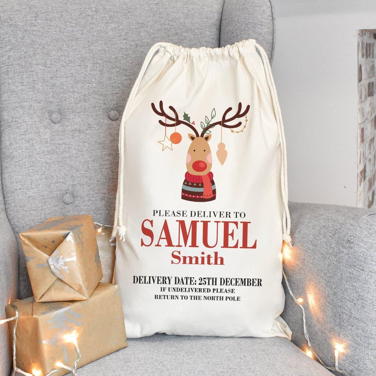 Personalised Reindeer Sack, Christmas Sack, Child's Kids Christmas Gift Sack, Cotton Reindeer Bag, Santa Toy Bag, Reindeer Toy Sack, - Amy Lucy