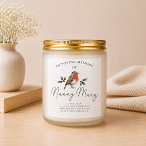 Personalised Robin Christmas Memorial Candle styled for Christmas