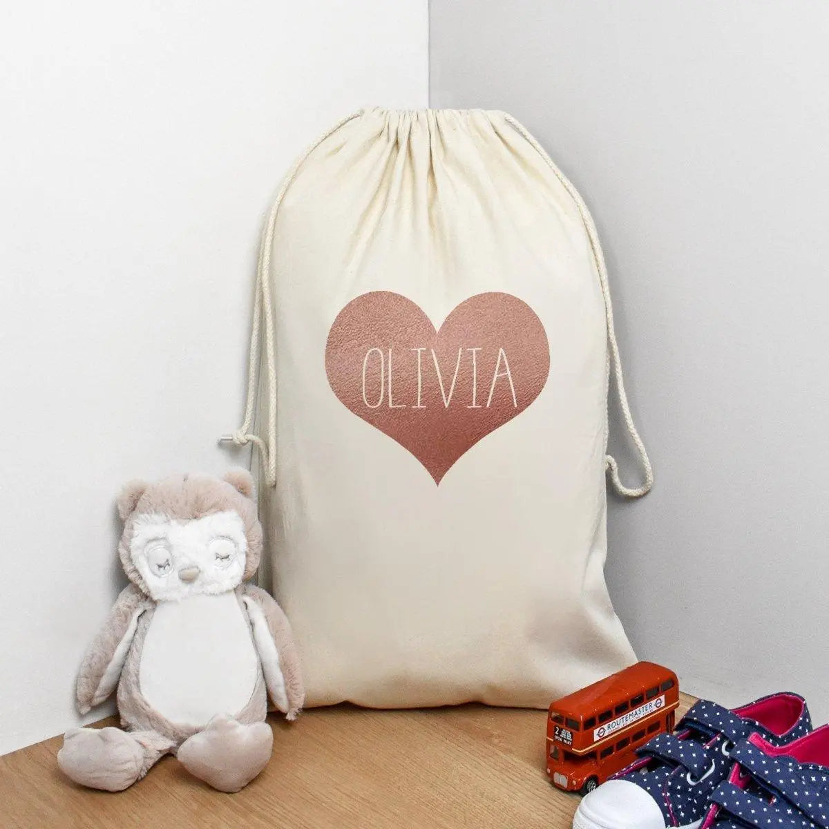 Personalised Rose Gold Heart Toy Sack, Personalised Toy Bag, Large