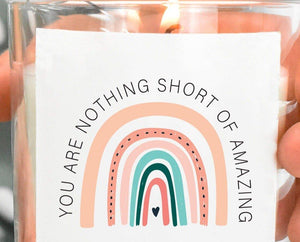 Close-up of the personalised label on the personalised Teacher Appreciation Candle Gift