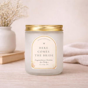 Close-up of the personalised label on the personalised Wedding Morning Candle for Bride