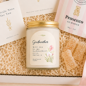 Close-up of the personalised label on the personalised Will You Be My Godmother Candle