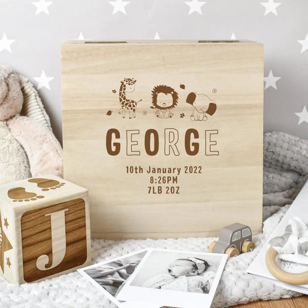 Personalised Wooden Baby Box, Jungle Theme, Engraved New Baby Box