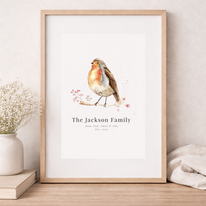 Framed artwork with a bird illustration on a wooden surface.
