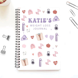 Weight loss journal with decorative elements and 'Katie's Weight Loss Journal' text on a white background.