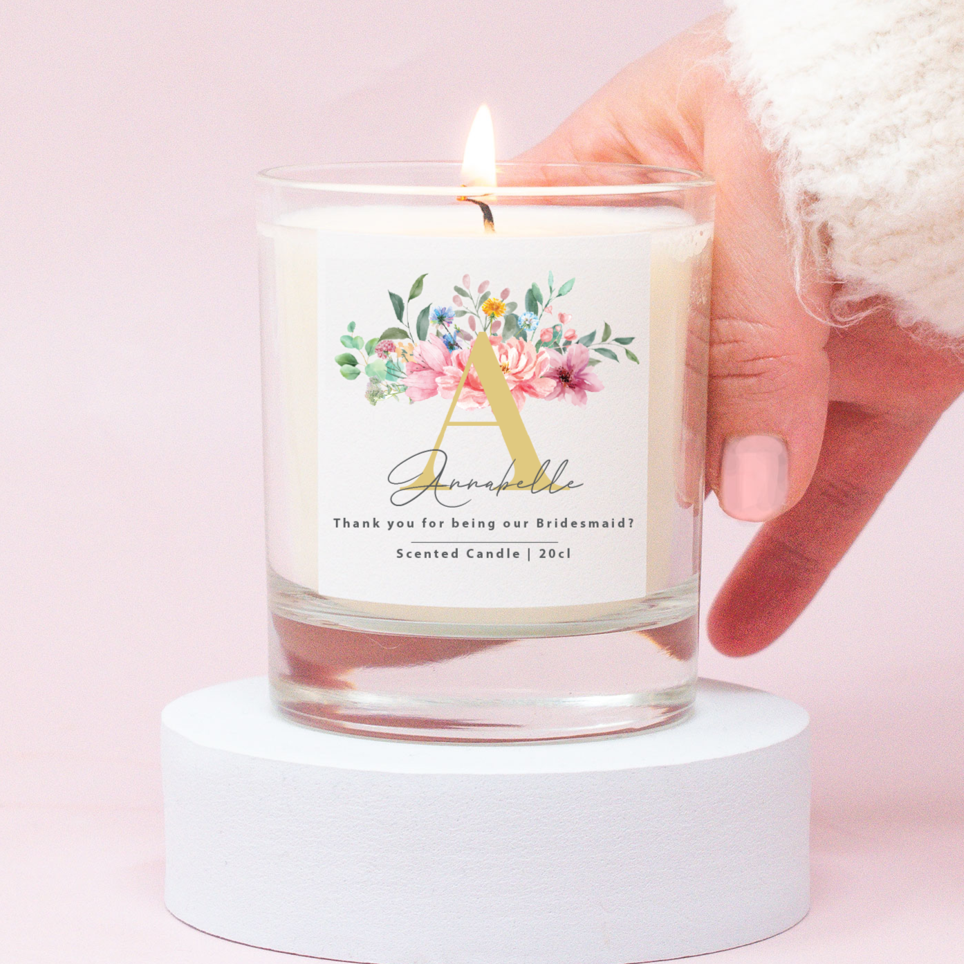Bridesmaid Thank You Candle with Hand and Pink Background