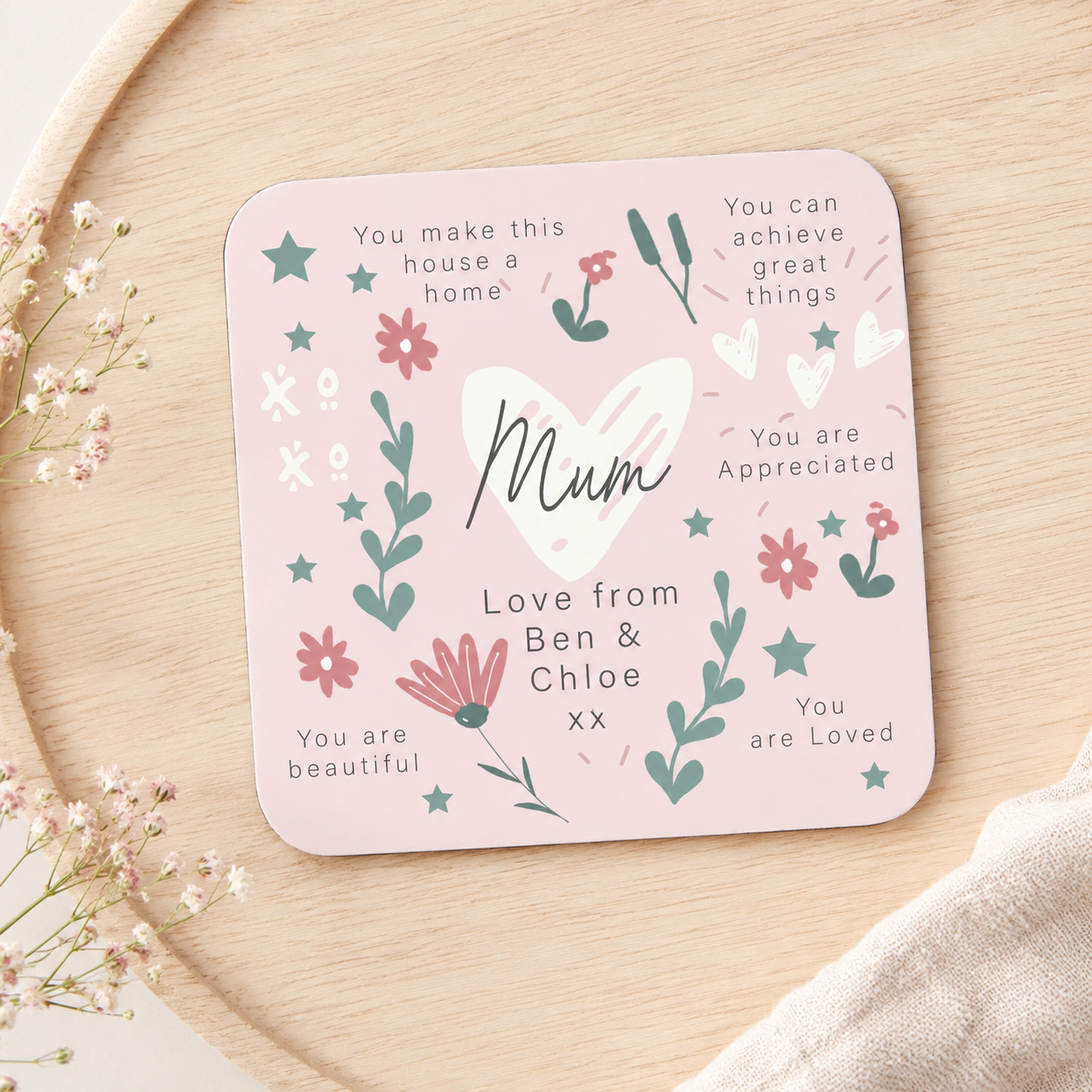 Personalised Mum Affirmation Coaster, Mother's Day Positivity Coaster, Mum Positive Thoughts Coaster, Reasons we love Mom Gift