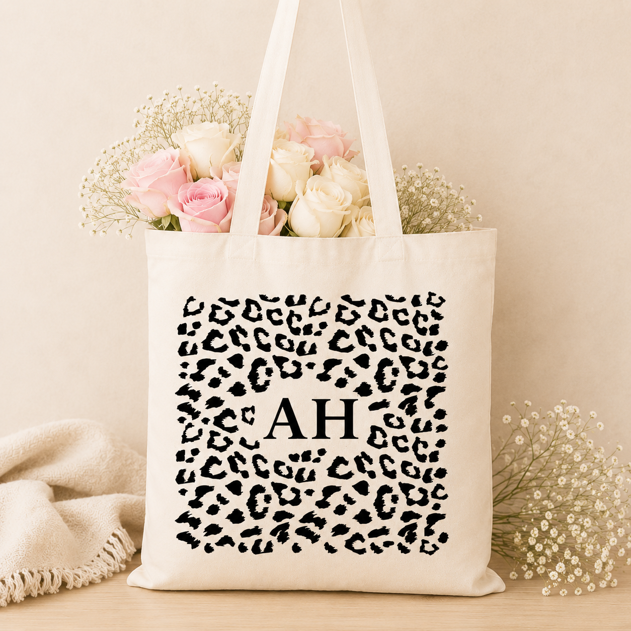 Personalised Leopard Print Tote Bag, Leopard Print Bag, Personalised Initial Tote Bag, Black and White Leopard Print, Personalised Tote Bag