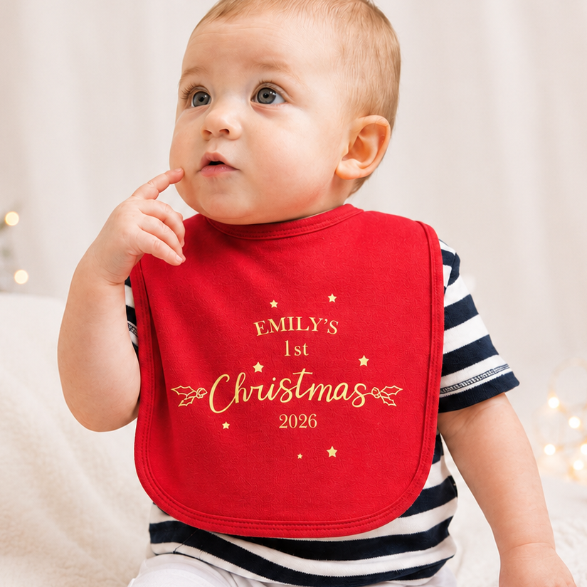Personalised First Christmas Bib, 1st Christmas Baby Bib, Baby Christmas, Red Gold Baby Bib, Xmas Clothing, 1st Christmas Outfit, Baby Bib