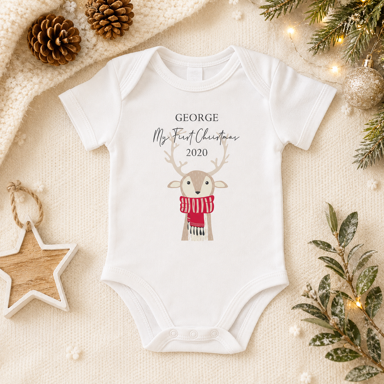 Personalised First Christmas Reindeer Baby Vest, Christmas Baby Bodysuit, New Baby Grow, First Christmas, Baby First Xmas Gift, Name Baby
