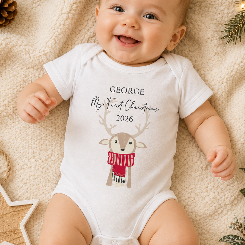 Personalised First Christmas Reindeer Baby Vest, Christmas Baby Bodysuit, New Baby Grow, First Christmas, Baby First Xmas Gift, Name Baby