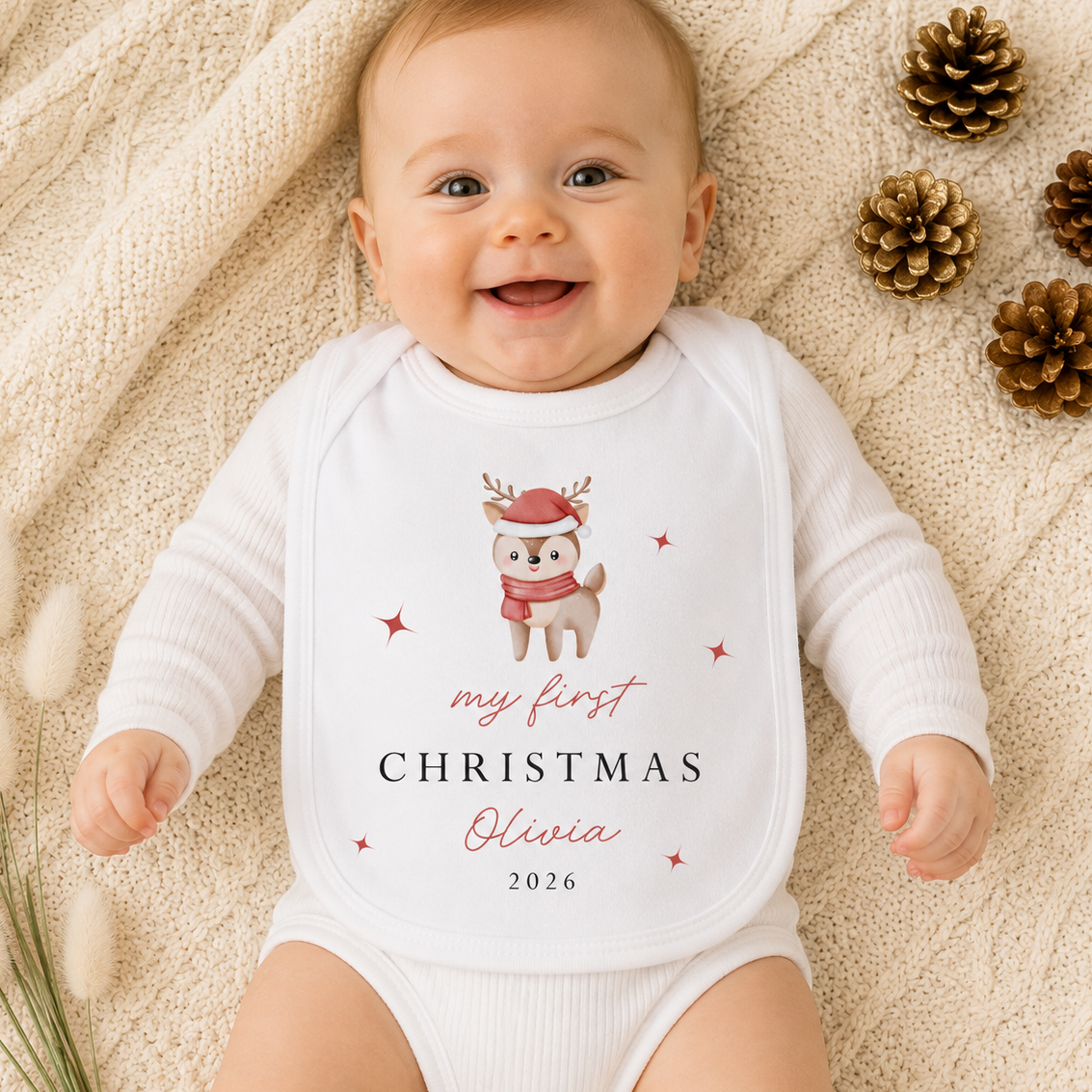 Personalised First Christmas Bib, 1st Christmas Baby Bib, Baby Christmas, Red Baby Bib, Xmas Clothing, 1st Christmas Outfit, Baby Bib