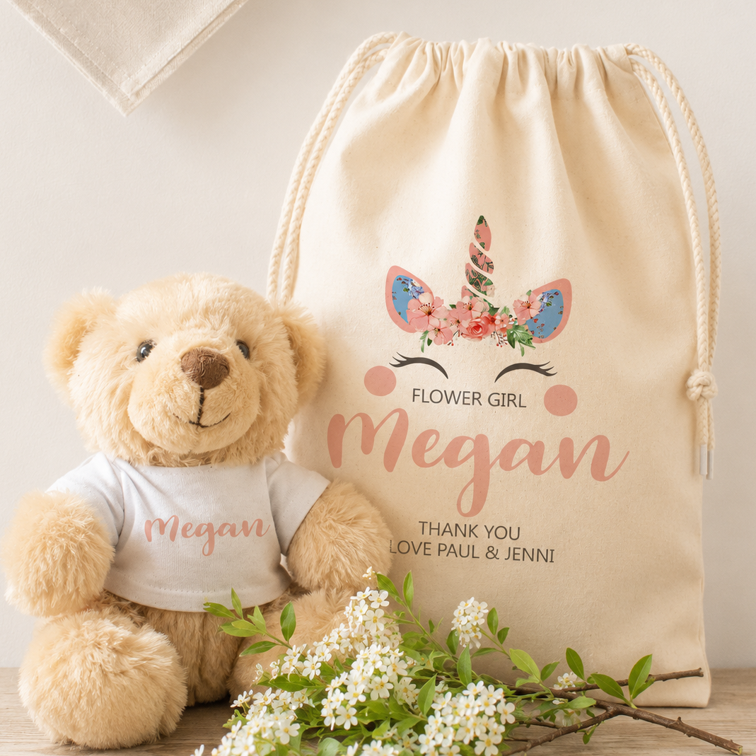 Personalised Flower Girl Gift Set, Flower Girl Gift Set, Teddy In Bag, Wedding Flower Girl Thank you Gift, Wedding Gift, Flower Girl Gifts