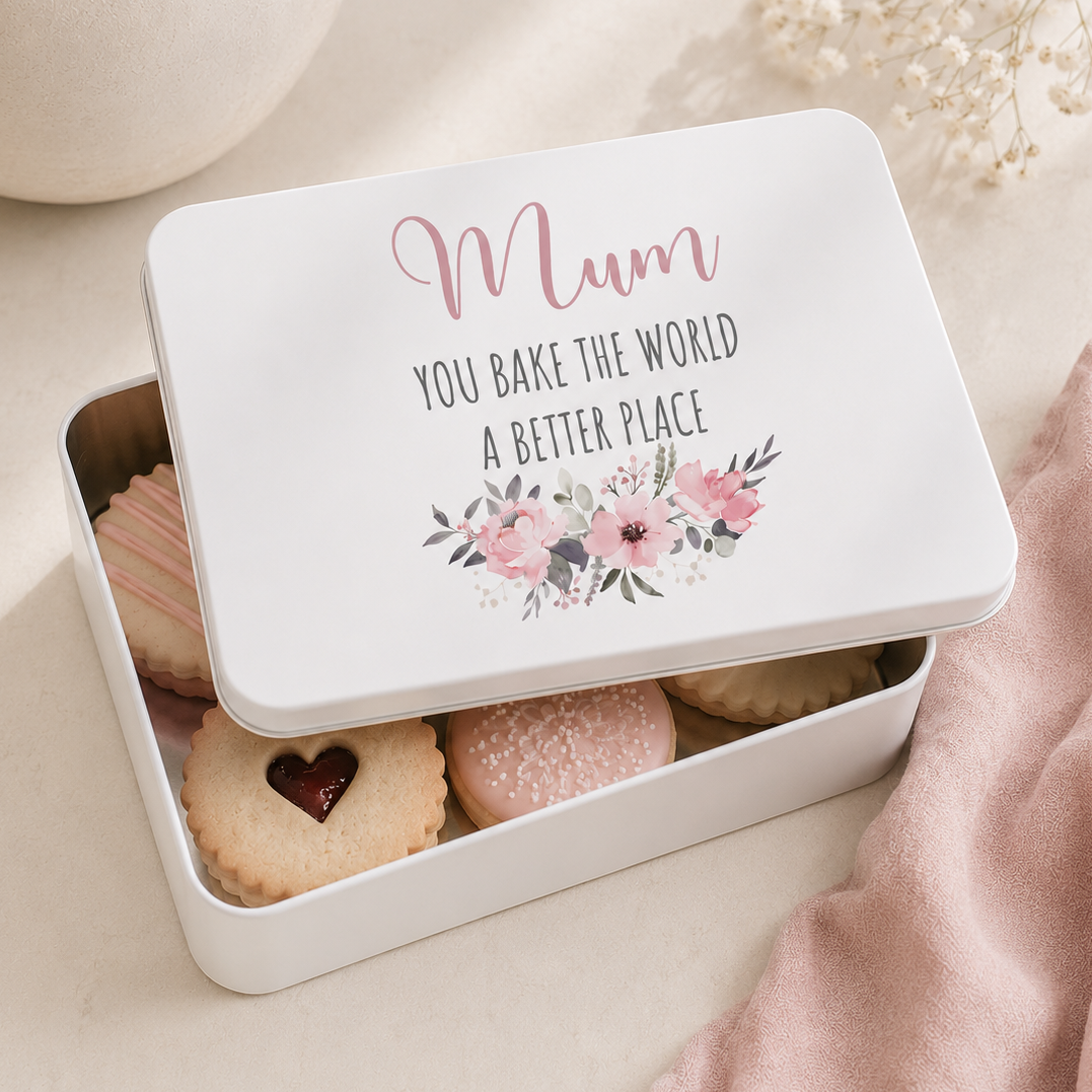 Personalised Baking Tin, Bake The World A Better Place, Mum Baking Gift, Personalised Mothers Day Gift, Cake Tin, Baking Gift, Mum Nan Gift