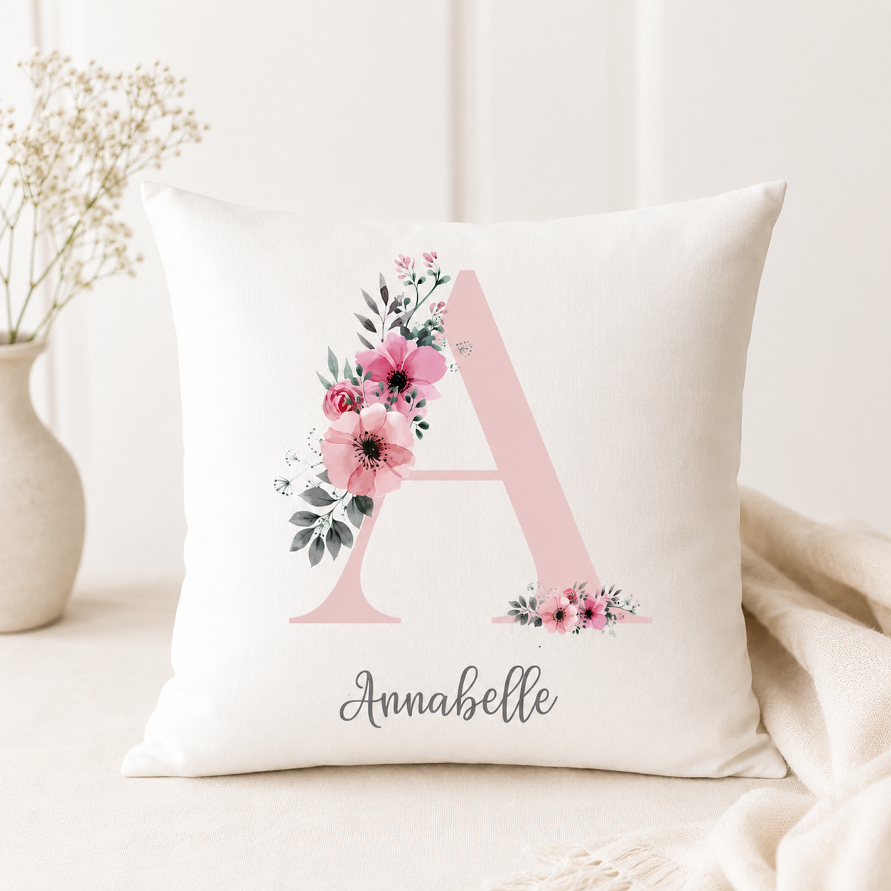 Personalised Initial Cushion, Rose Gold Custom Gift, Girls Bedroom Gift, Watercolour Flowers, Baby Gift, Initial Gift for Her, Custom Made