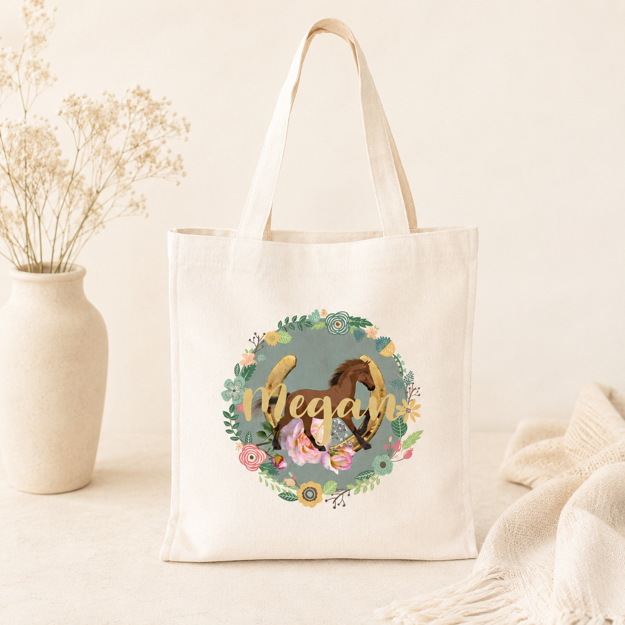 Personalised Horse Tote Bag, Horse Gift For Her, Name Canvas Tote Bag, Horse Style Tote Bag, Horse Tote Bag, Pattern Tote Bag, Girls Tote