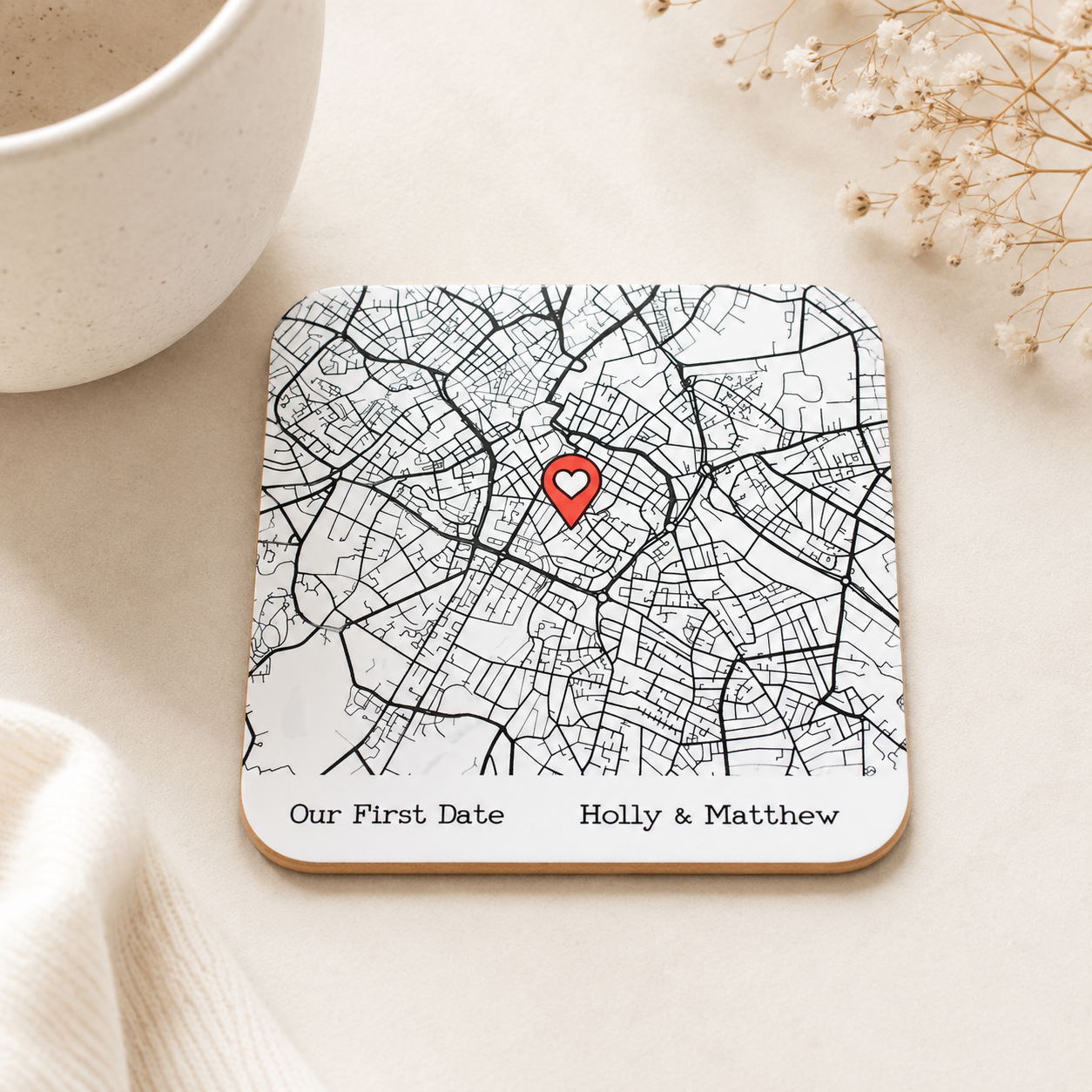 Personalised Map Pin Coaster, Couples Gift, Lovers Present, Custom Map Name, Keepsake, Boyfriend, Girlfriend, Husband, Wife, Engagement, Mat