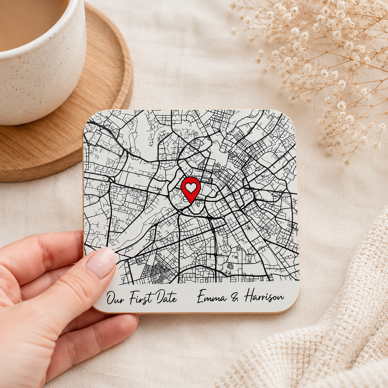 Personalised Script Map Pin Coaster, Couples Gift, Lovers Present, Custom Map Name, Keepsake, Boyfriend, Girlfriend, Husband, Wife, Engaged