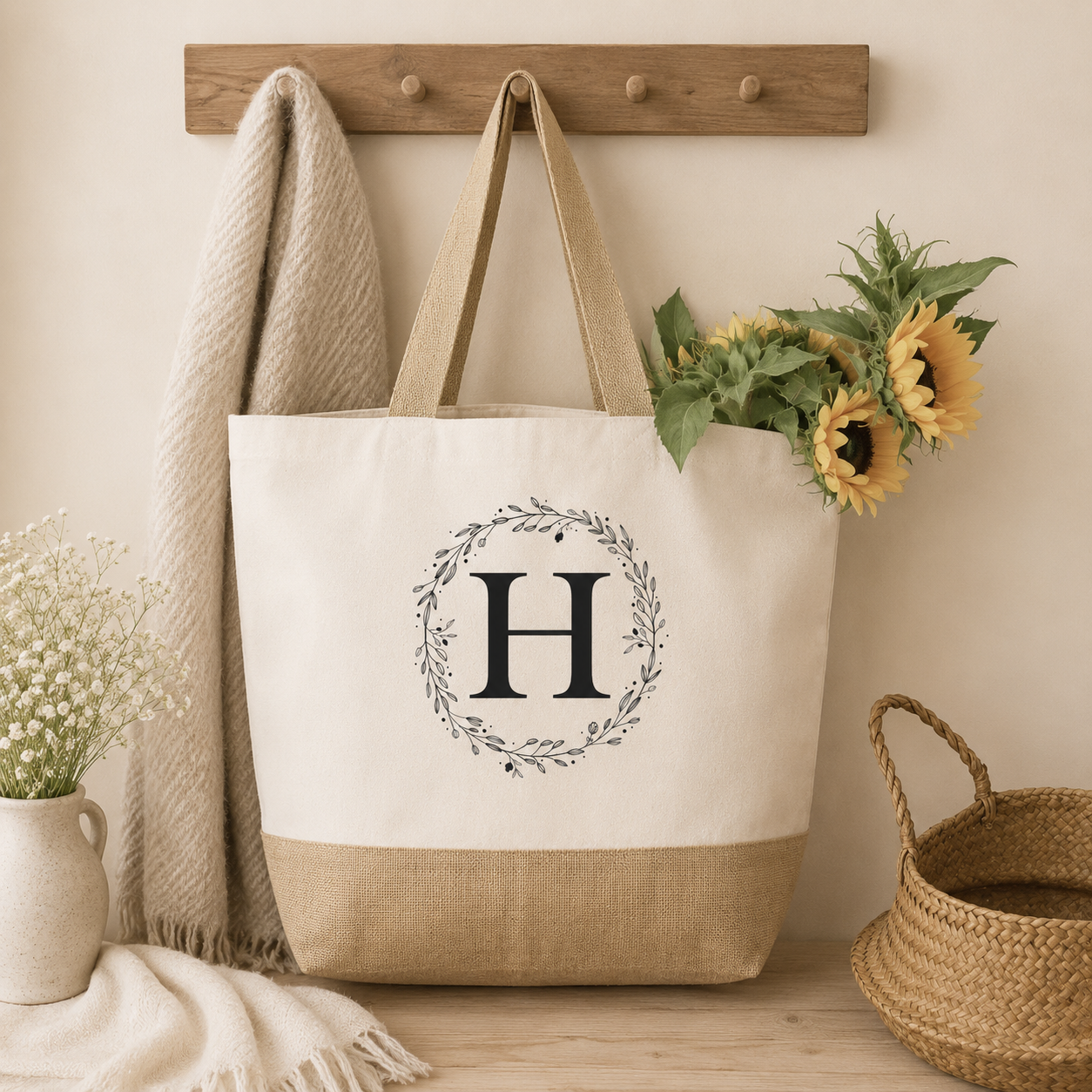 Personalised Large Tote Bag, Initial Tote Bag, Uni Bag, Personalised Jute Shopping Bag, Large Book Bag, Custom Printed Bag, Wreath Large Bag