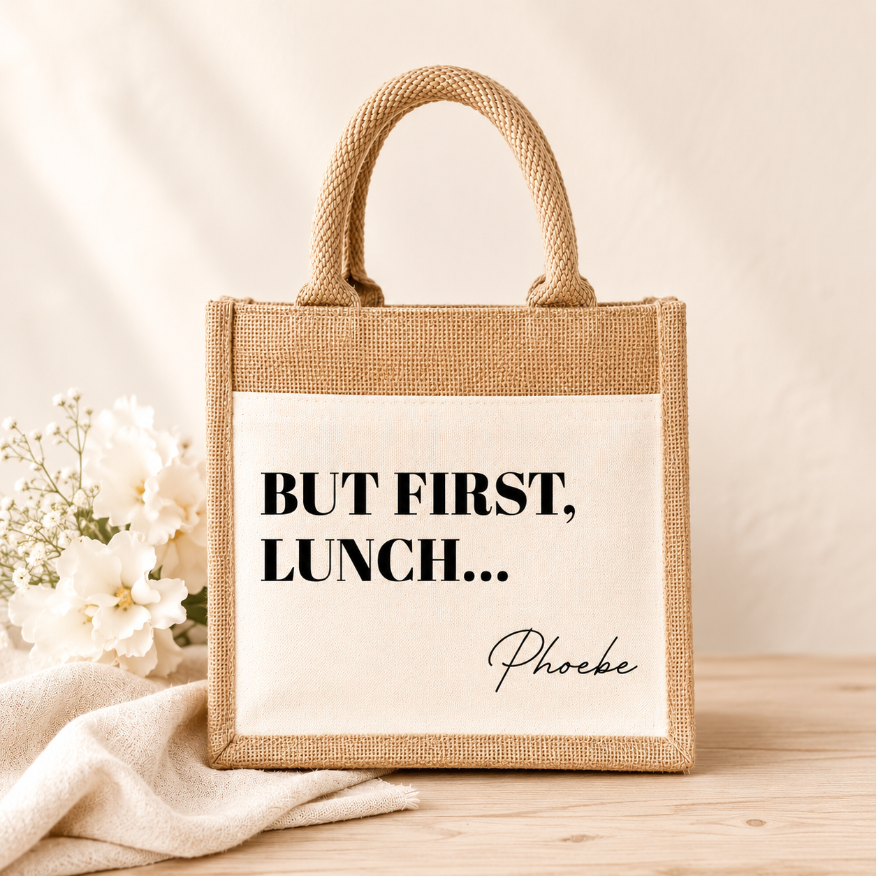 Personalised Jute Lunch Bag, But First Lunch Lunch Bag, Personalised Lunch Bag, Name Lunch Bag, Eco Friendly Lunch Bag, Lunch Bag, Eco Lunch