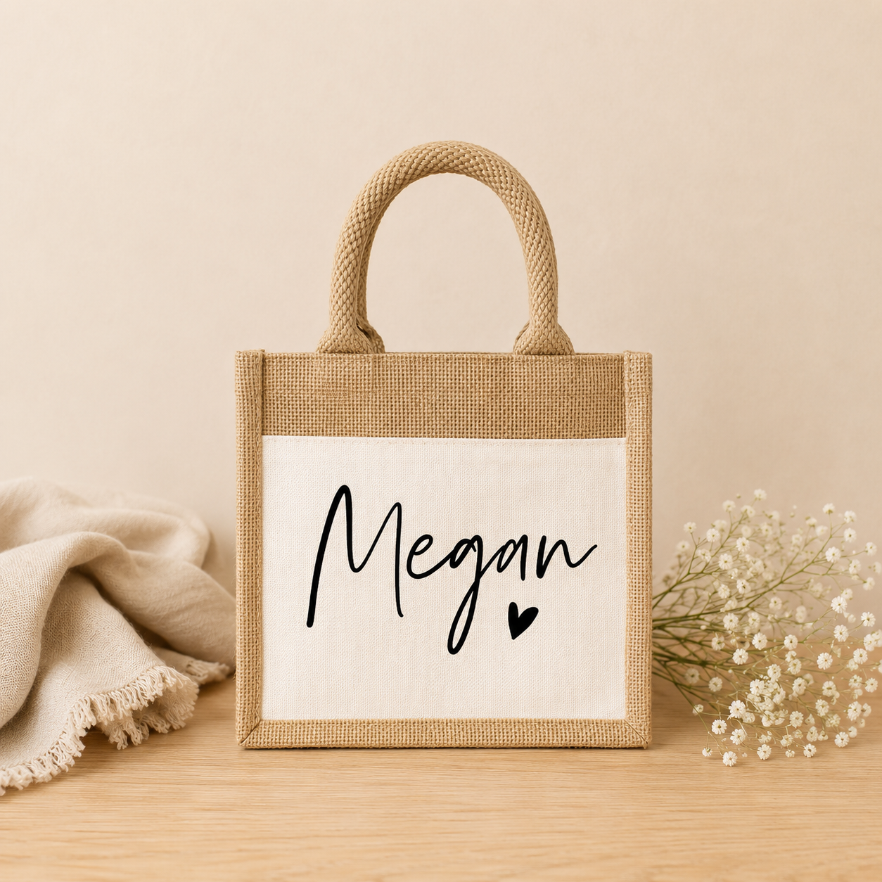 Personalised Jute Lunch Bag, Name Heart Lunch Bag, Personalised Lunch Bag, Name Lunch Bag, Eco Friendly Lunch Bag, Lunch Bag, Eco Lunch Bag