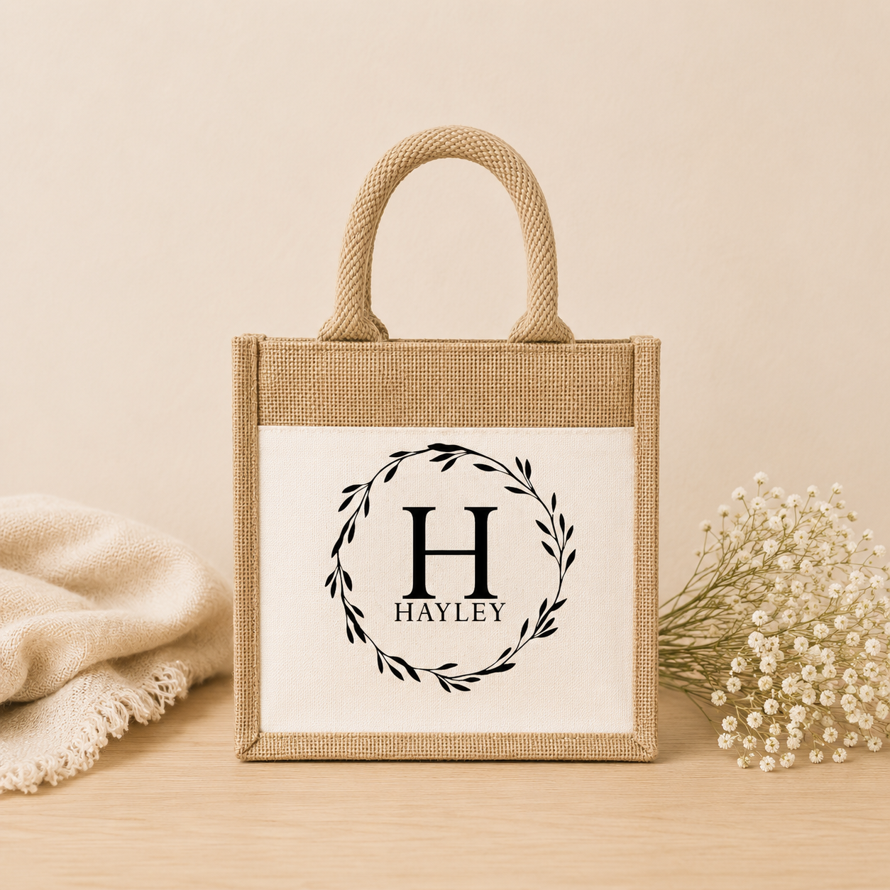 Personalised Jute Lunch Bag, Personalised Letter Wreath Lunch Bag, Personalised Lunch Bag, Name Lunch Bag, Eco Friendly Lunch Bag, Lunch Bag