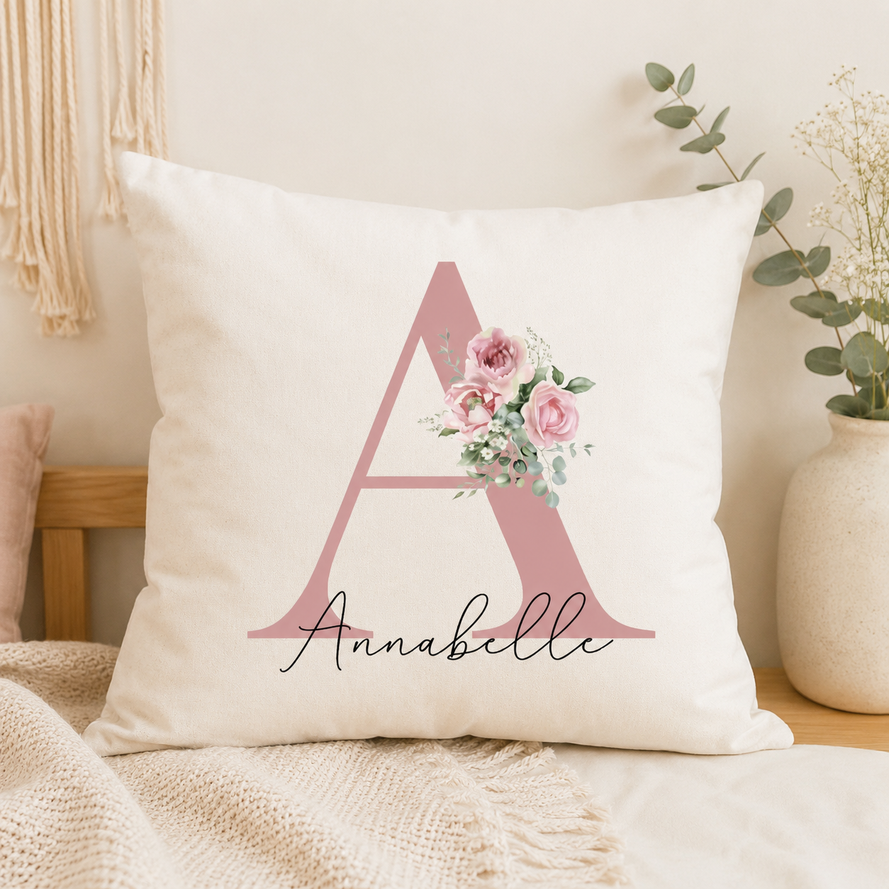 Personalised Initial Cushion, Rose Gold Custom Gift, Girls Bedroom Gift, Watercolour Flowers, Baby Gift, Initial Gift for Her, Custom Made