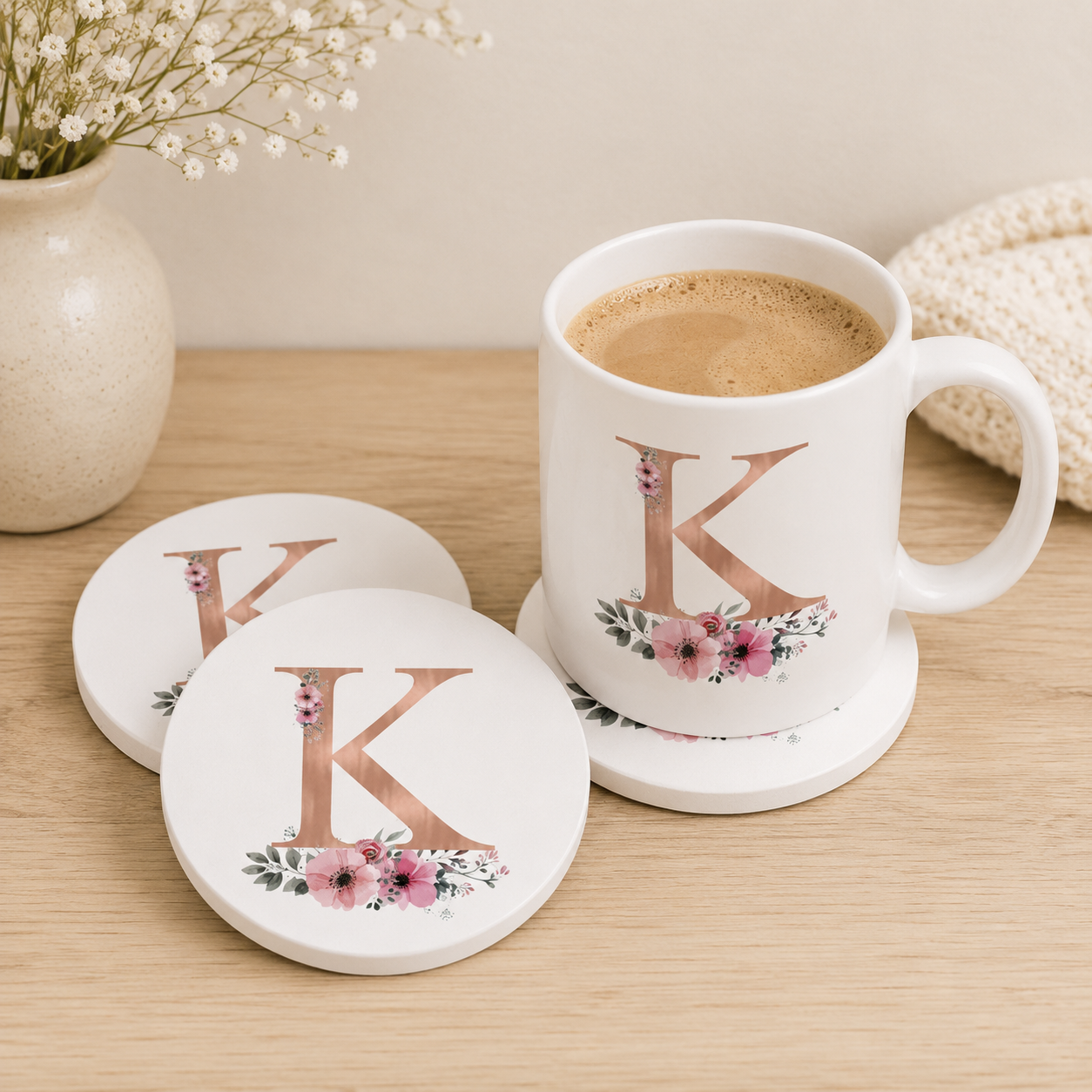 Personalised Initial Mug Set, Initial Mug, Rose Gold Monogram Mug, Monogram Mug Set, Coaster Mug, Flower Rose Gold Mug, Floral Mug