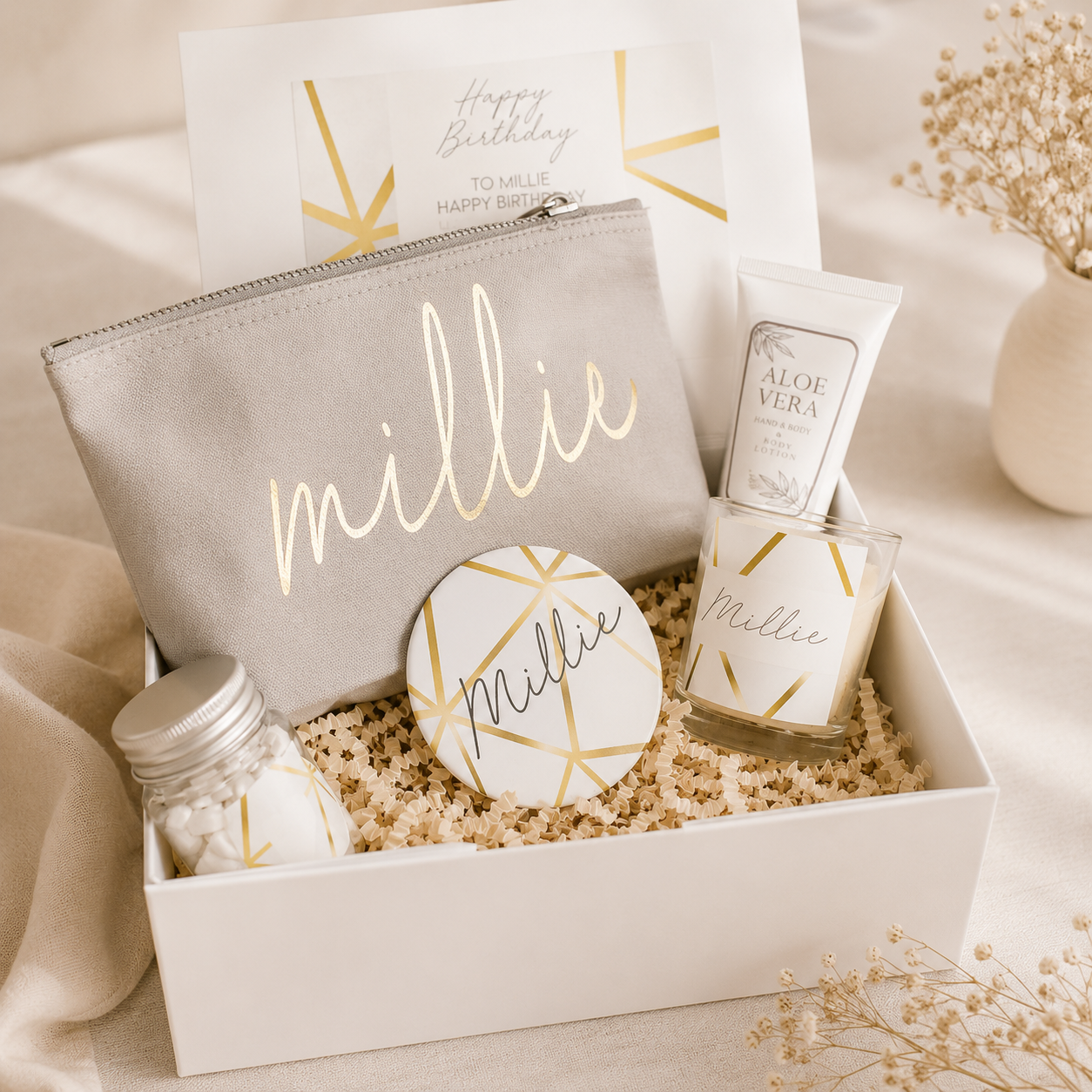 Personalised Happy Birthday Gift Box Filled, Gold Best Friend Gift Box, Gold Beauty Filled Gift Boxes, Thinking of You, Happy Birthday, Gift