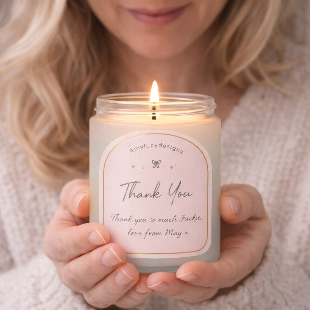 Person holding a lit candle with a 'Thank You' label, featuring the brand 'AmyLucy designs'.