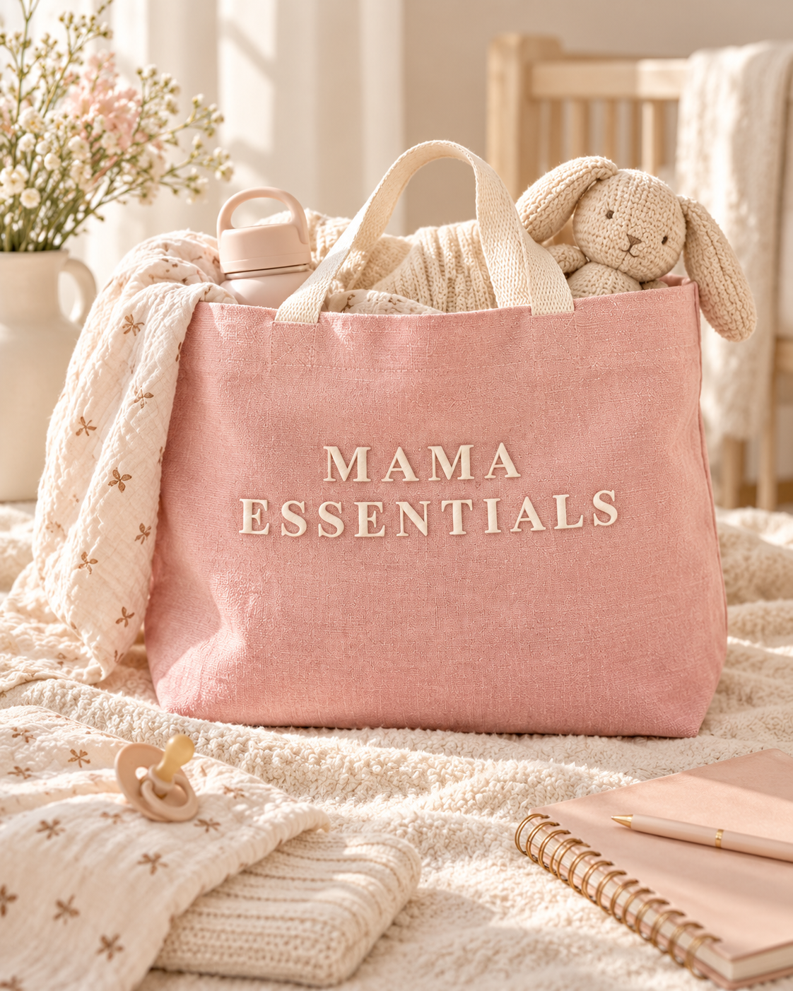 Blossom pink Mama Essentials washed jute bag styled in a soft nursery setting