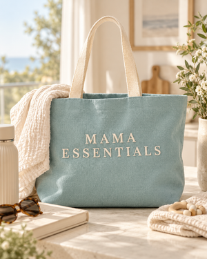 Duck Egg Blue Mama Essentials washed jute bag styled in a soft Amy Lucy lifestyle setting