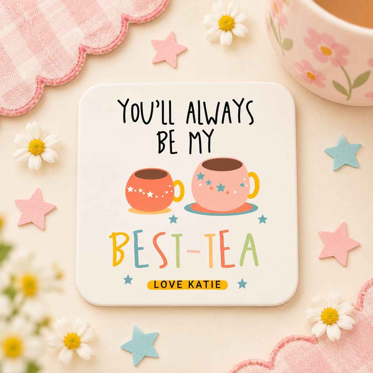 Personalised Best Tea friendship coaster in a bright pastel Amy Lucy flat lay with daisies and playful stars