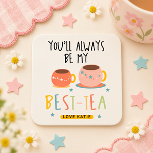 Personalised Best Tea friendship coaster in a bright pastel Amy Lucy flat lay with daisies and playful stars