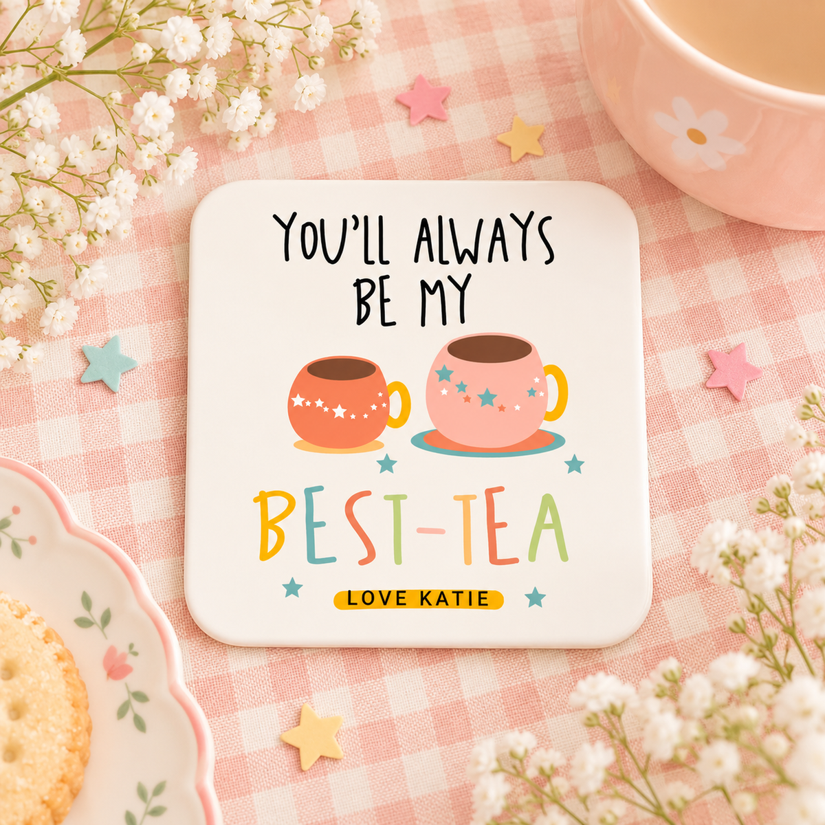 Personalised Best Tea friendship coaster styled for a playful pastel tea moment with pink gingham and flowers