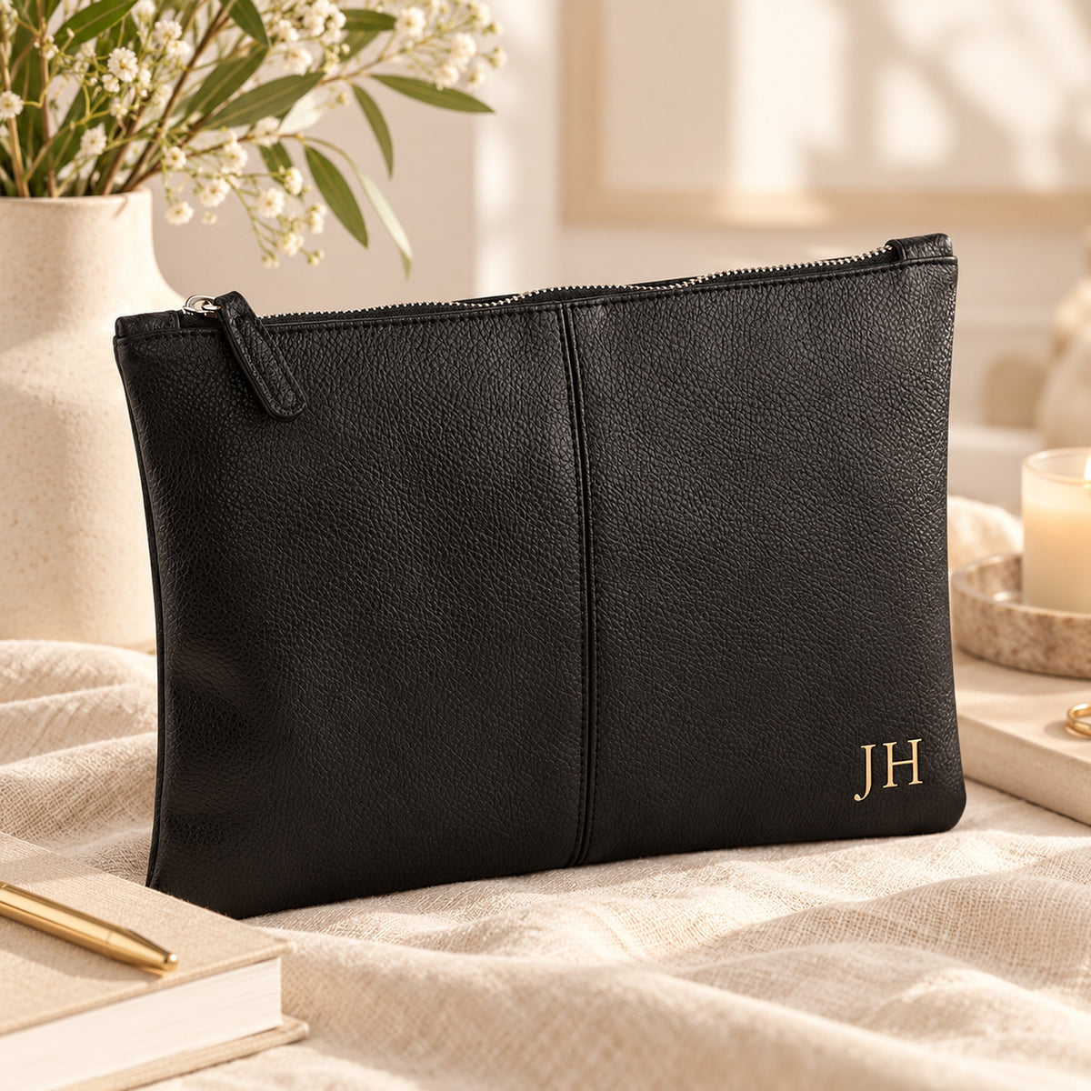 Amy Lucy personalised men's black PU wash bag with metallic gold initials