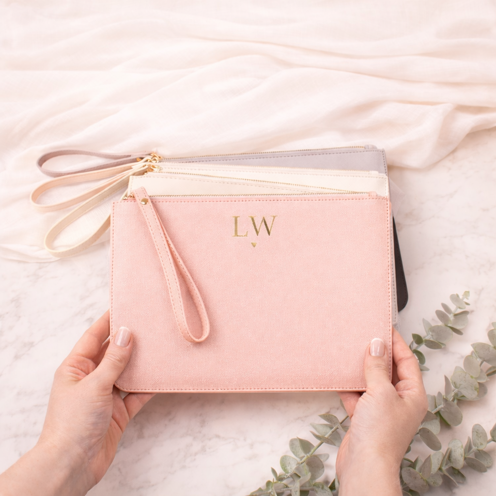 Pink clutch bag with initials held by hands on a light background