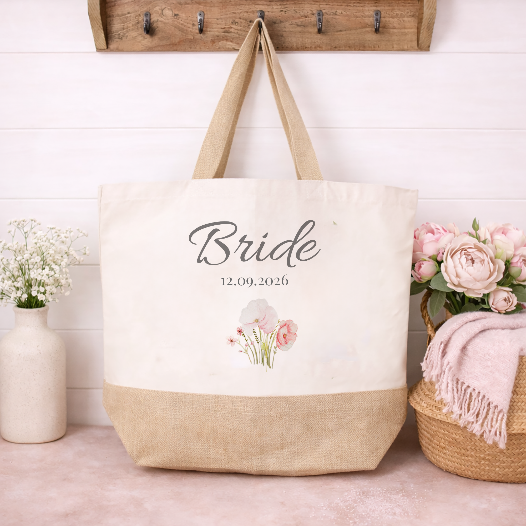 Bride Personalised Floral Tote Bag