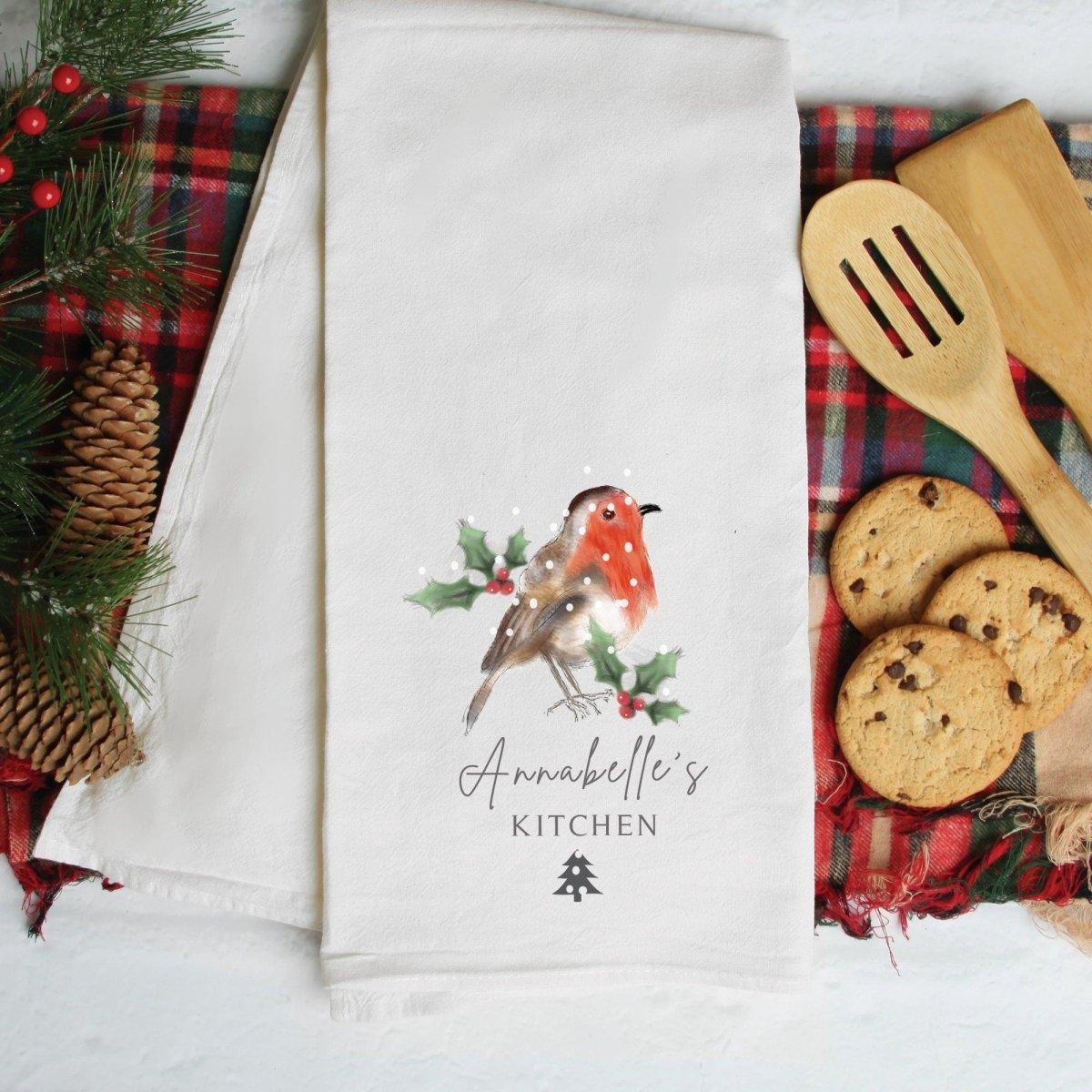 Christmas Personalised Tea Towel, Christmas Family Name Tea Towel, Christmas Gift, Custom Name Tea Towel, Robin Tea Towel, Kitchen Decor - Amy Lucy