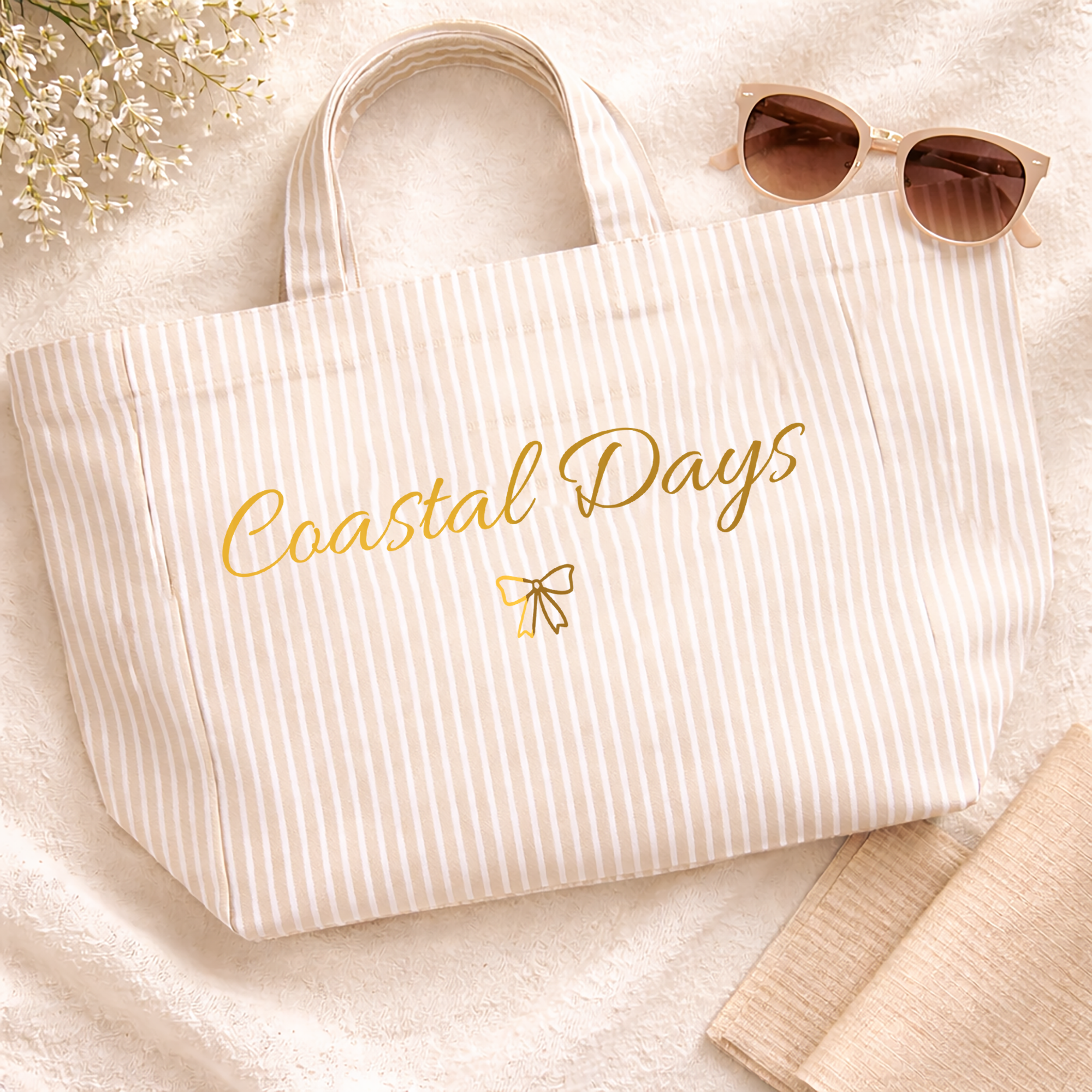 Striped tote bag with 'Coastal Days' text and sunglasses on a light background