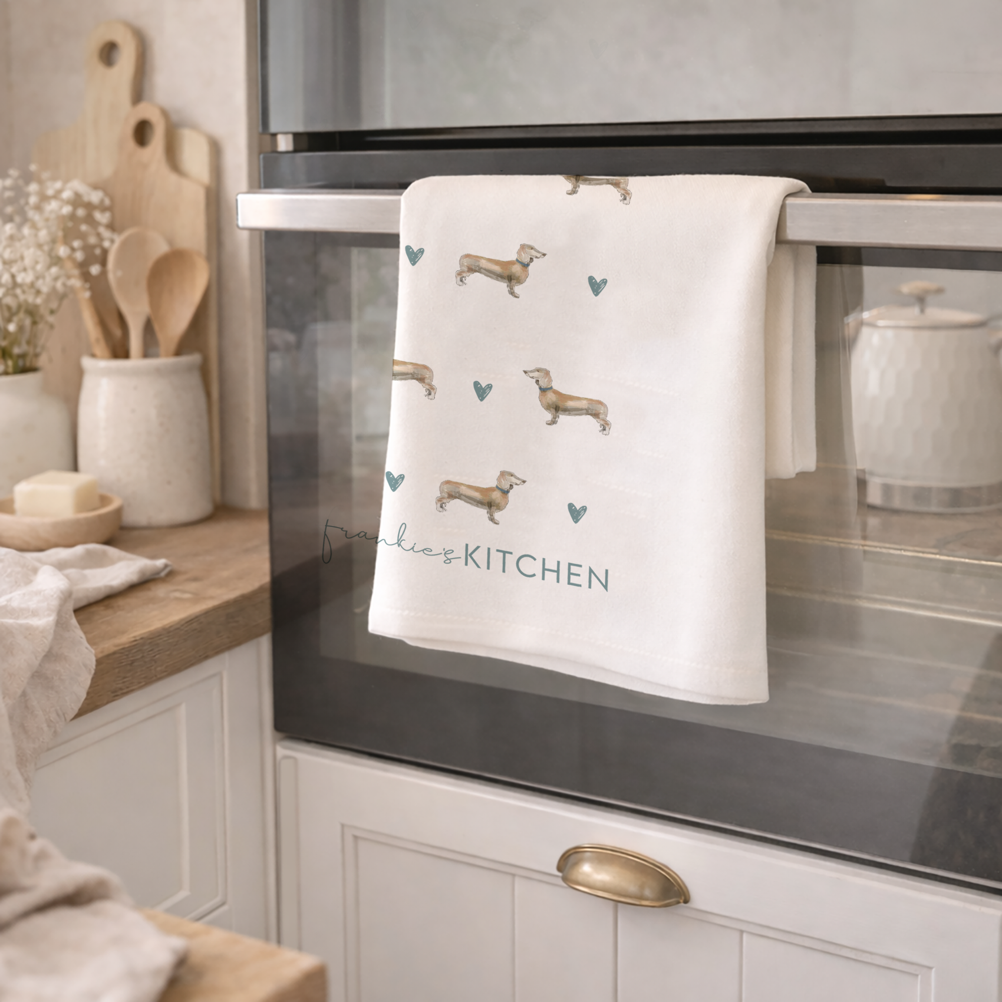 Personalised Dachshund Tea Towel, Dachshund Gift For Her, Name Tea Towel, Sausage Dog Gifts, Dog Tea Towel, Personalised Dog Owner Gift