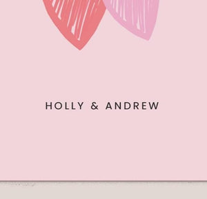 Pink background with two hearts and text 'HOLLY & ANDREW'