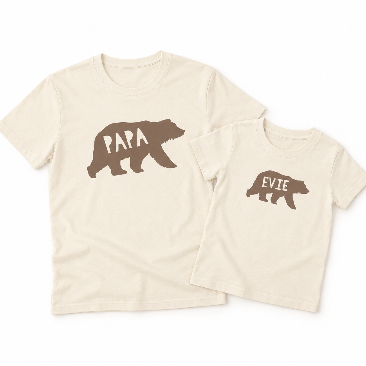 Adult and child matching Natural Raw personalised bear T-shirts