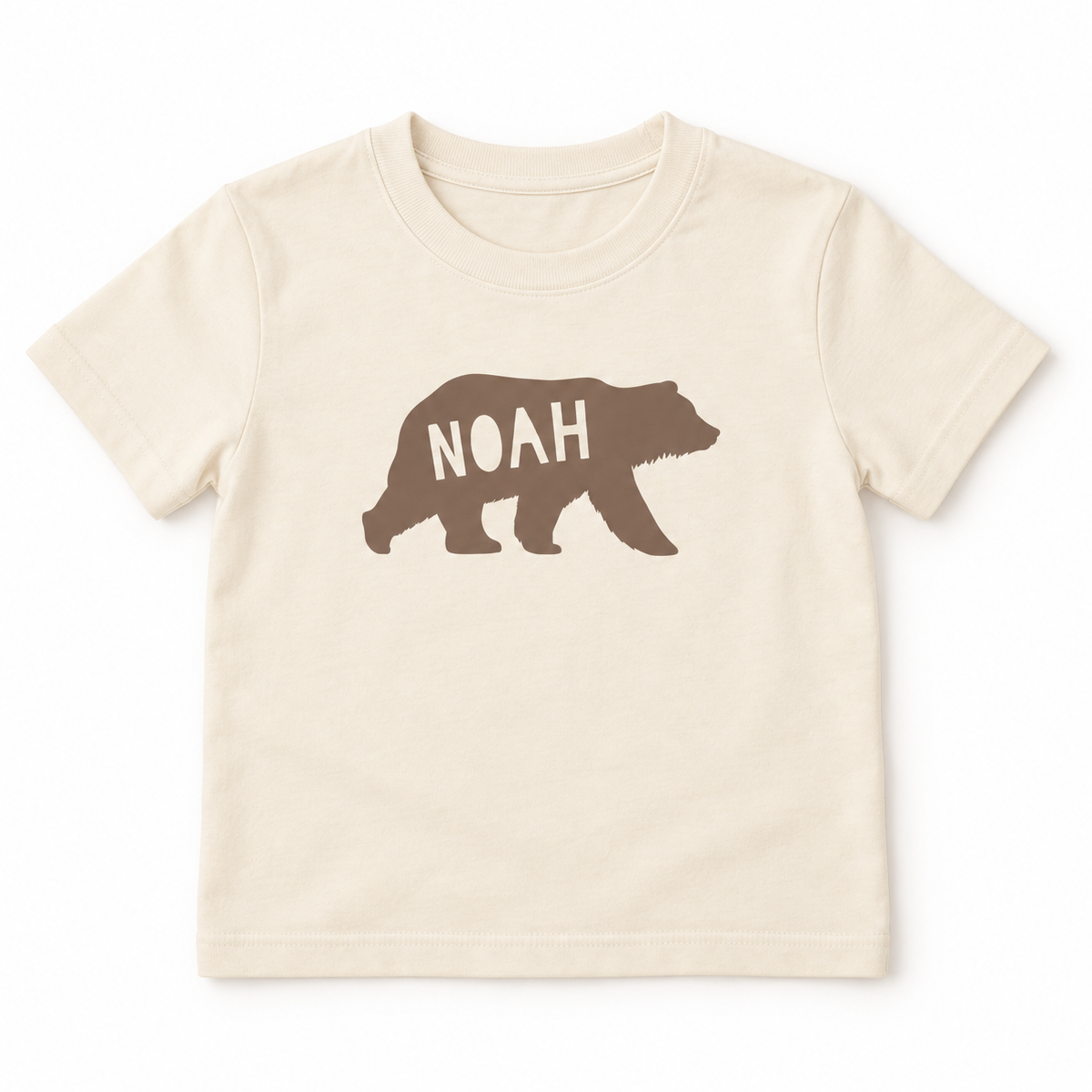 Personalised Natural Raw baby T-shirt with soft taupe bear design