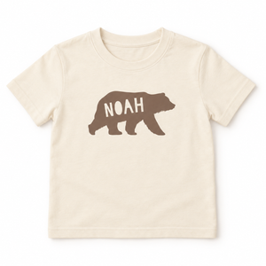 Personalised Natural Raw baby T-shirt with soft taupe bear design