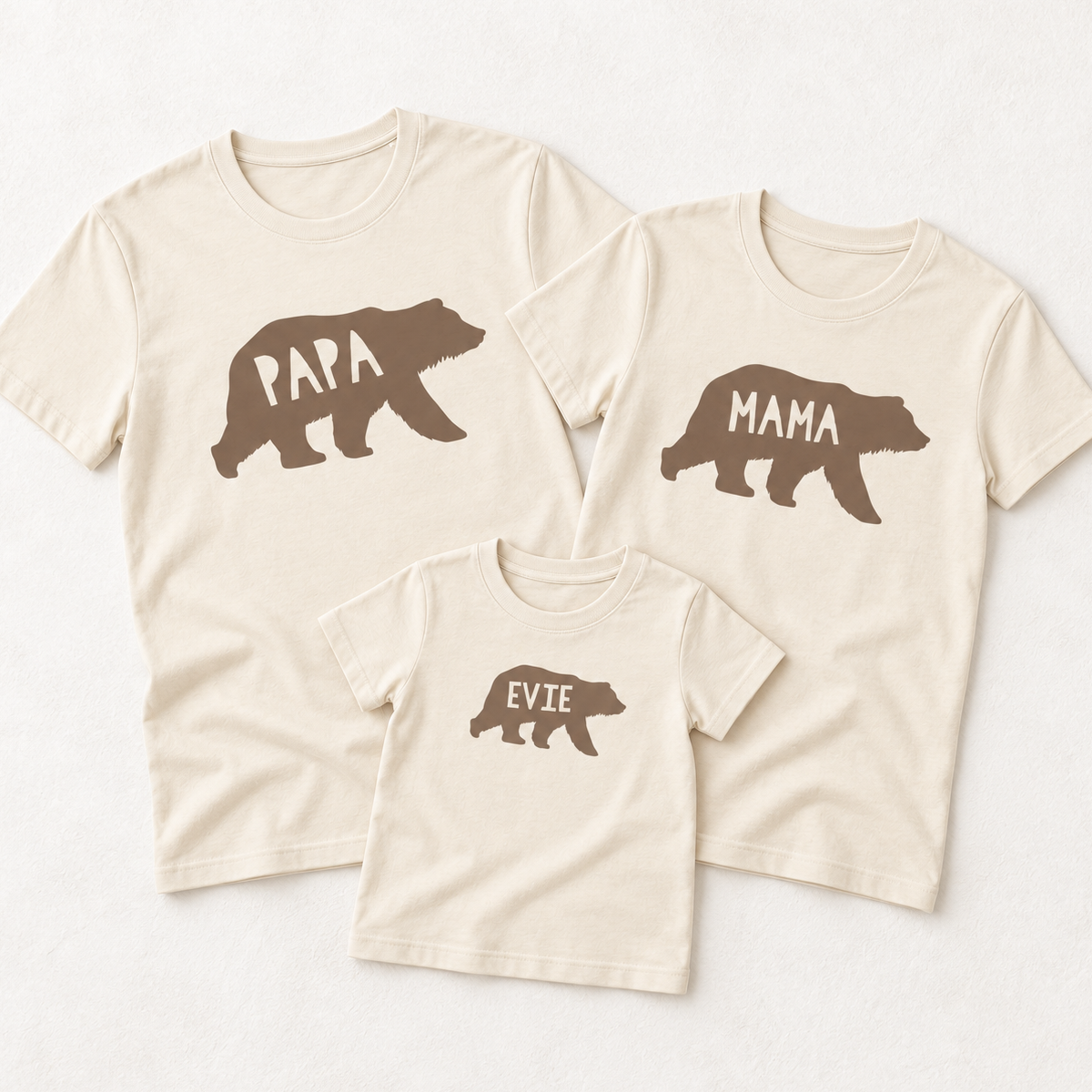 Family matching Natural Raw personalised bear T-shirts flat lay