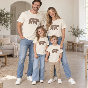 Full family wearing matching Natural Raw personalised bear T-shirts