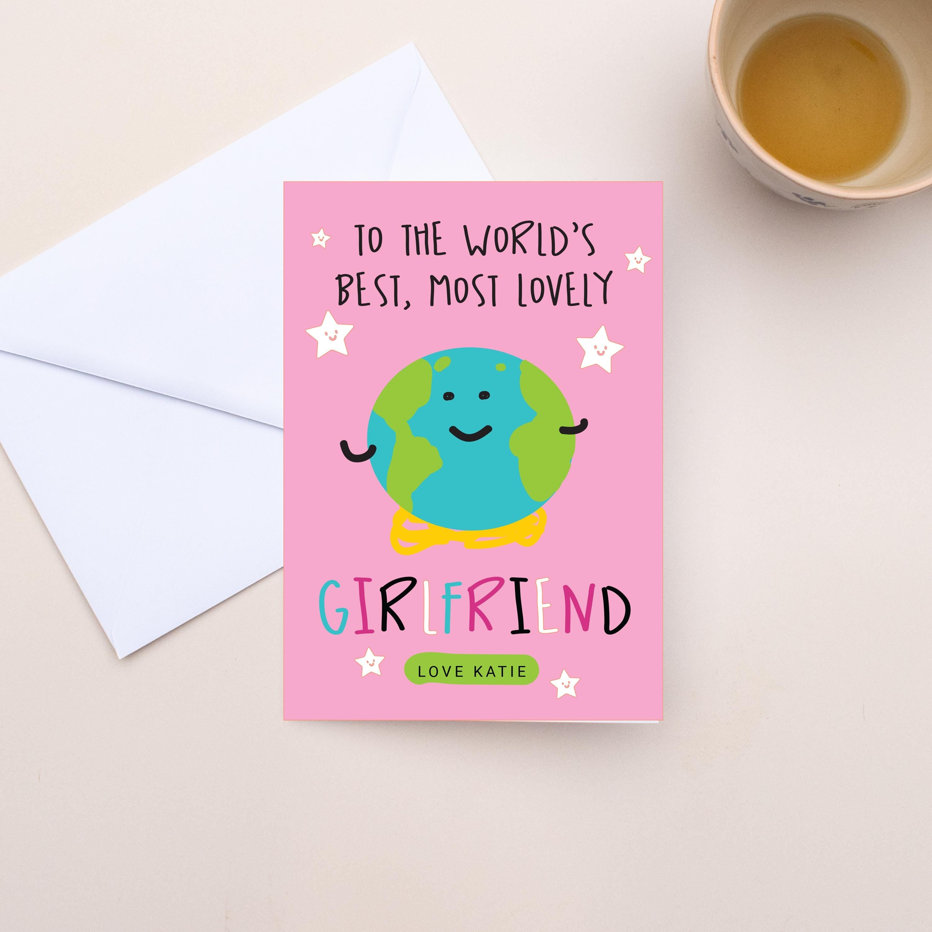 Greeting card for girlfriend with cartoon Earth character on pink background